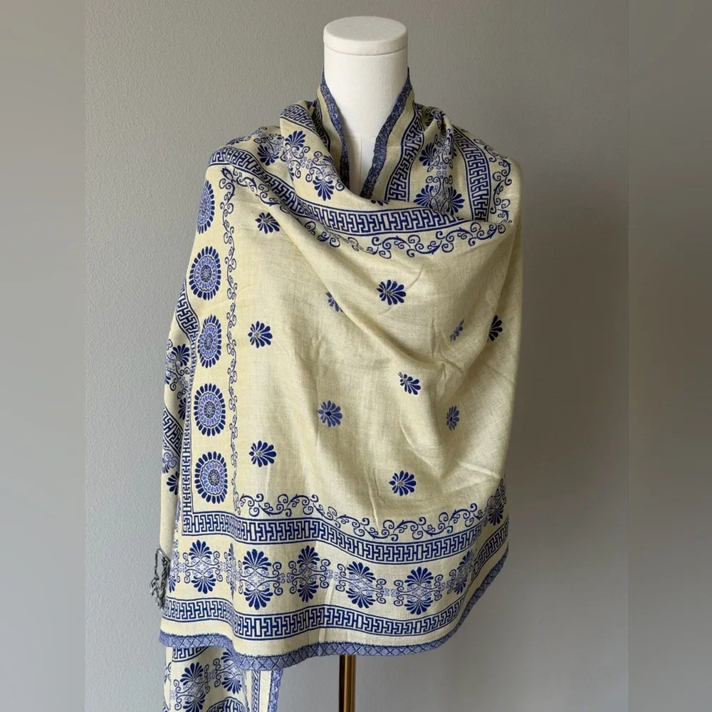 Reversible Mamta Sapphire Blue and Ivory Floral Shawl Scarf with Rhinestones .